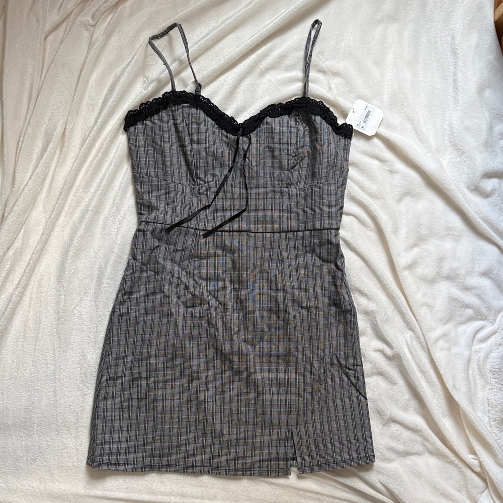 ALTAR’D STATE Black Plaid Mini Dress with Lace